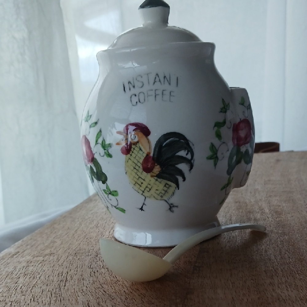 VTG Ceramic Lidded Jar "Instant Coffee" Chicken and Flower Decorated. Japan.
